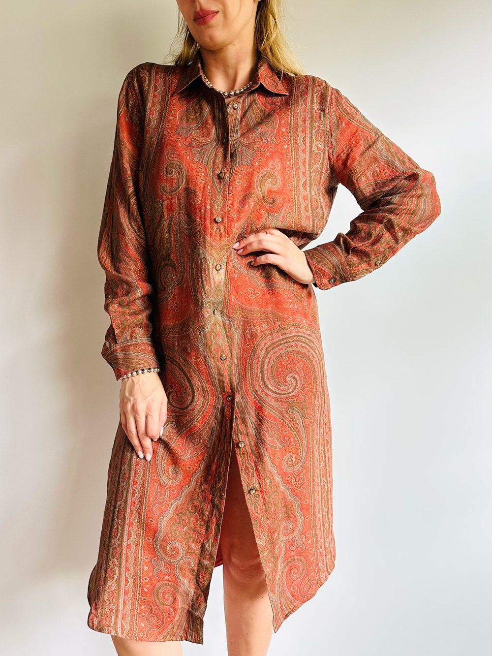 Lauren Ralph Lauren Paisley Ramie Lyocell Button Front Shirt Dress Long Sleeve